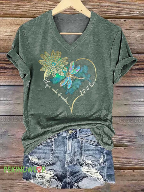 Women’s Whisper Wirds of Wisdow Let It Be Dragonfly V-neck Casual T-Shirt DarkGreen / S