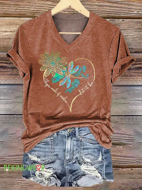Women’s Whisper Wirds of Wisdow Let It Be Dragonfly V-neck Casual T-Shirt Orange / S