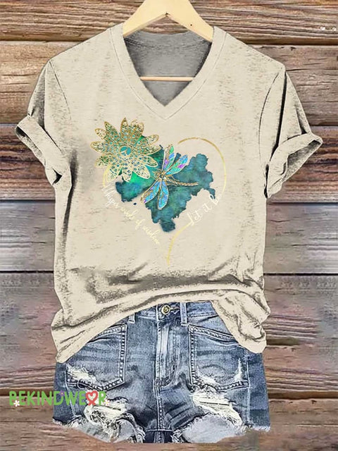Women’s Whisper Wirds of Wisdow Let It Be Dragonfly V-neck Casual T-Shirt Sand / S